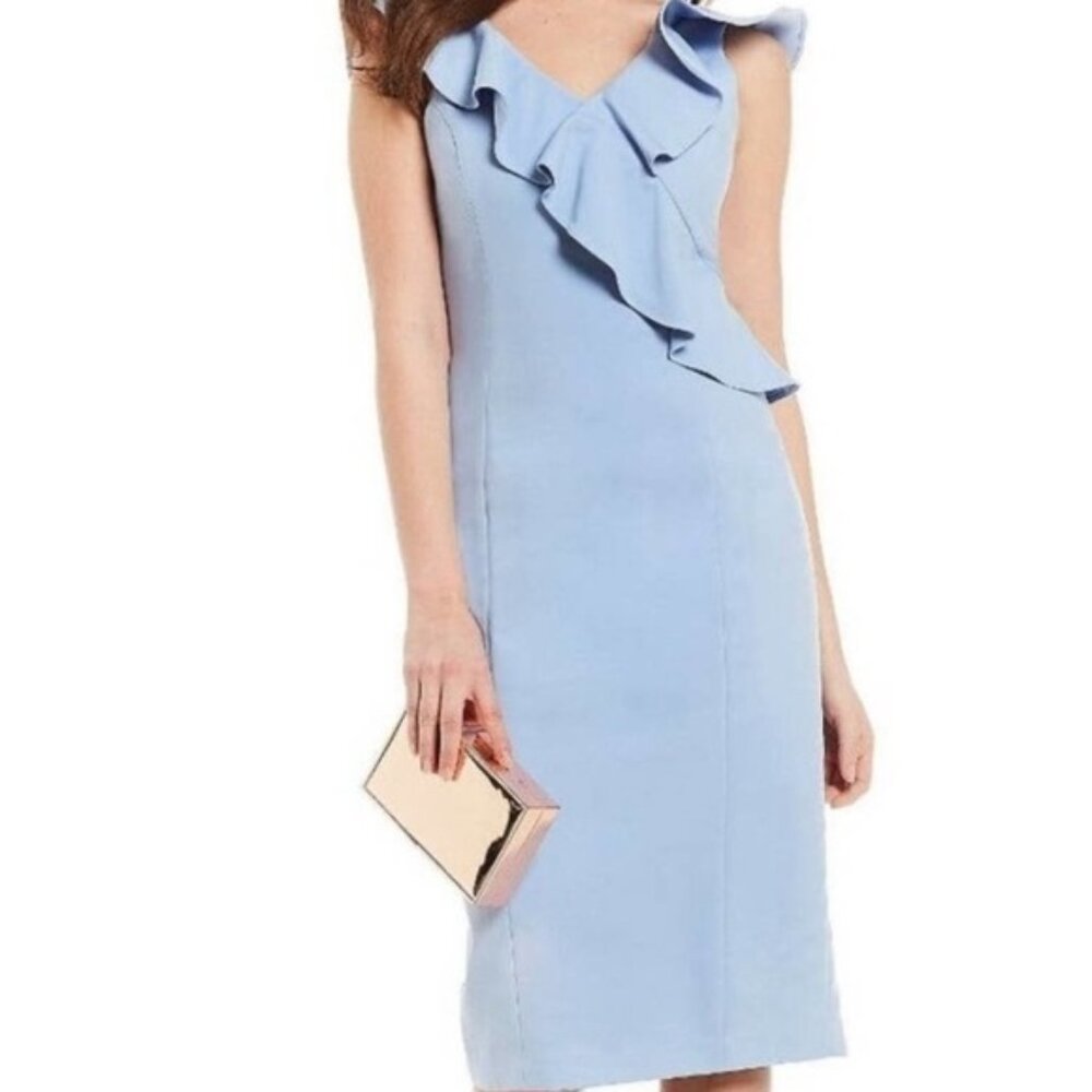 NWT Womens Size 6 Gianni Bini Blue Pia Ruffle Sheath Midi Dress NEW